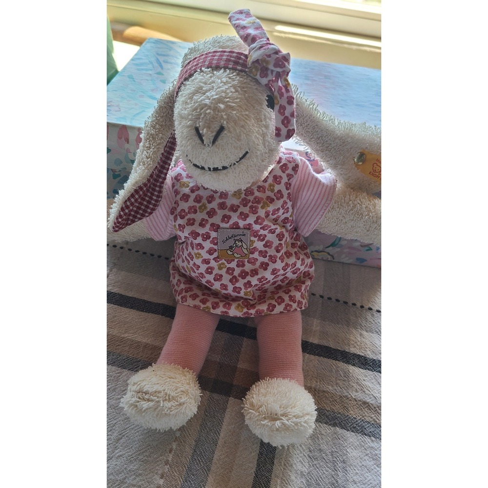 Steiff Schlaf-Lammie Lamb Plush Stuffed Animal Pink Floral Dress Button In Ear